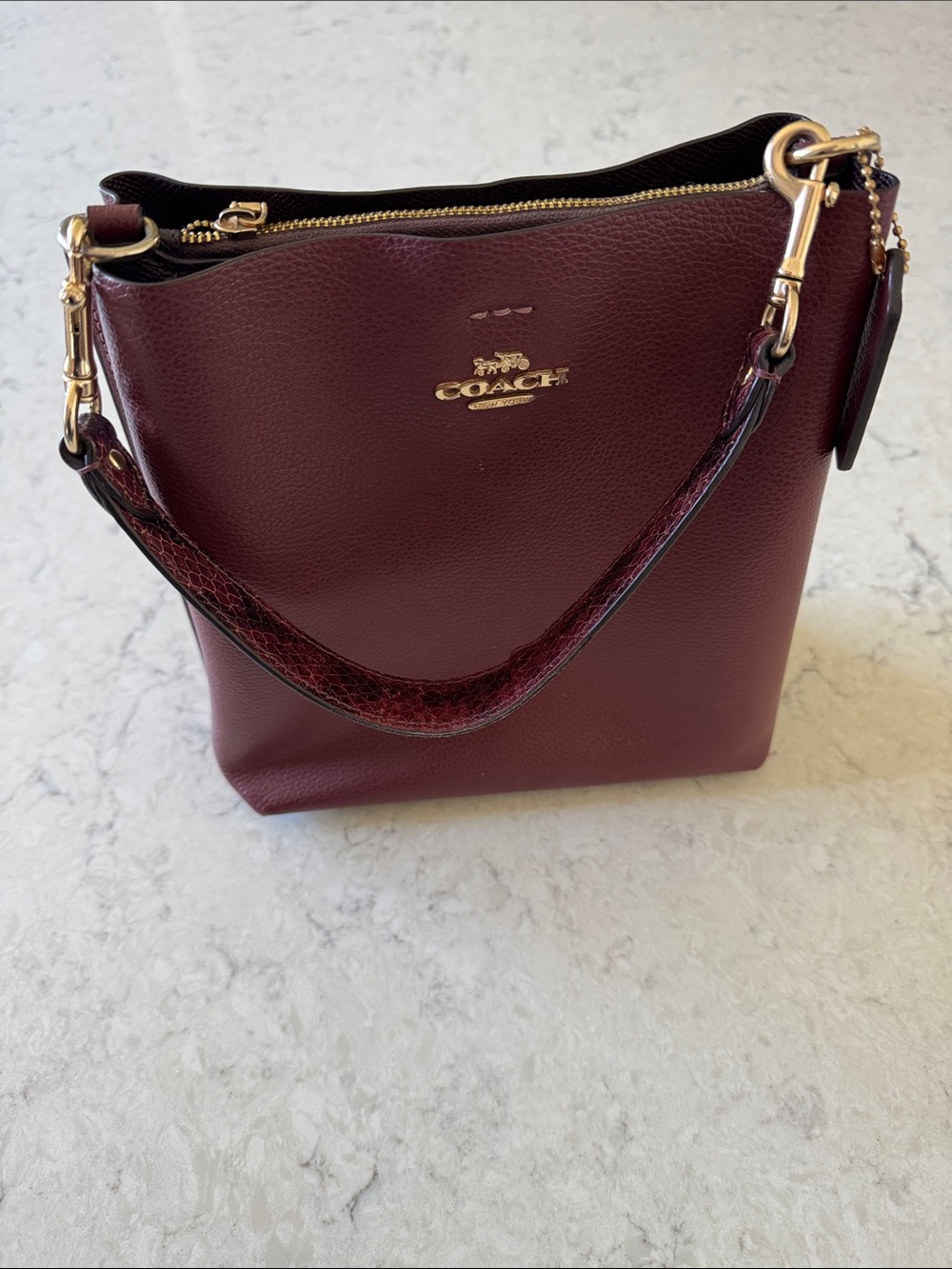 COACH Mollie 22 Pebbled Leather Bucket Bag in Burgundy with Gold Hardware